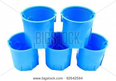 Stack Of Blue Electrical Boxes On White Background