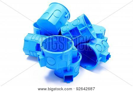 Heap Of Blue Electrical Boxes On White Background