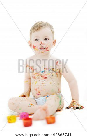 Child In Bright Colors On A White Background