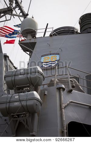 STATEN ISLAND, NY - MAY 20 2015: Low angle view of the guided-missile destroyer USS Barry (DDG 52) moored during Fleet Week NY at Sullivans Pier.