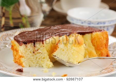 Homemade Baked Pudding With Chololate Icing, Jsilver Spoon And Teaware