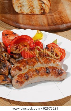 Grilled Sausages, Mushrooms, Tomatoes, Peppers
