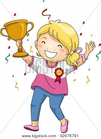 Illustration of an Overjoyed Girl Celebrating Her Victory While Holding Her Trophy