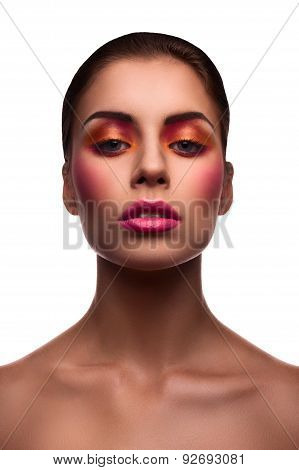 Beautiful Fashion Model With Pink Lips And Blush And Glossy Eyelids
