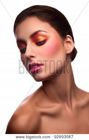 Beauty Fashion Model With Pink Lips On Isolated Background
