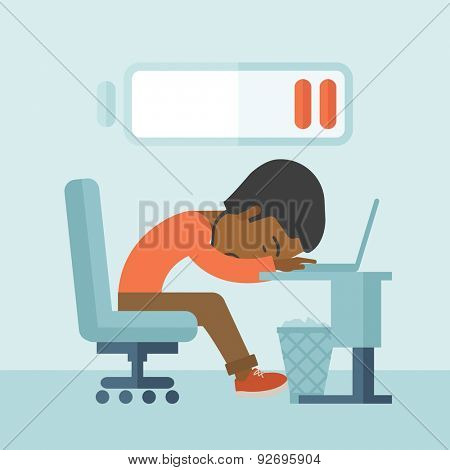 A tired black employee fall asleep at his desk with sign of low batt on the top of his head. A contemporary style with pastel palette soft blue tinted background. Vector flat design illustration