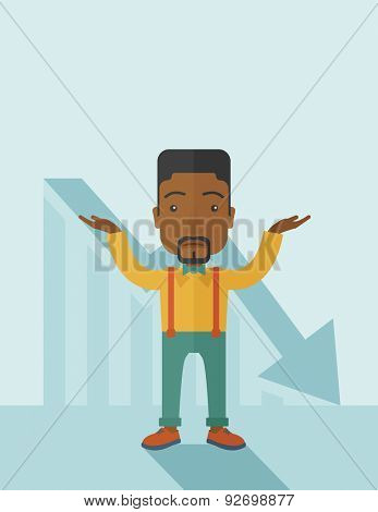 A sad black guy raising his two arms surrendering causing of his failed business. Graph arrow down, shares fall. Unsuccessful business concept. A contemporary style with pastel palette soft blue