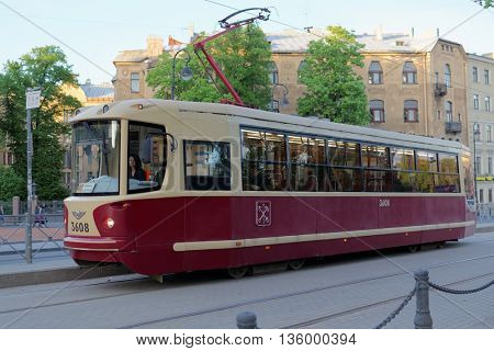 ST. PETERSBURG, RUSSIA - MAY 17, 2016: People in the tram of 40th line. The city tramway system was the world longest since late 1980s till 2000s, but now has 4th place in the world