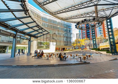 Tokyo, Japan - November 28 2015: T.v. Asahi Building Situated On The Opposite Side Of Mori Tower Bui