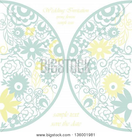 Vector round invitation card ornamental lace crochet with floral elements. Elegant lacy feather decoration greeting card wedding invitation or announcement template. Colorful. Springtime theme