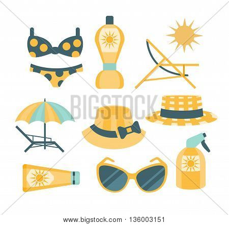 Beach Vacation Travelling Kit Set Flat Childish Cartoon Style Bright Color Vector Illustration On White Background