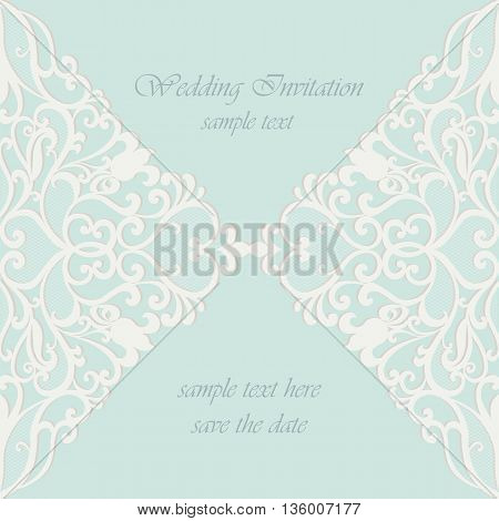Vector invitation card ornamental lace with damask elements. Elegant lacy feather decoration greeting card wedding invitation or announcement template. Green. Vector