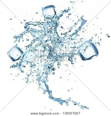 Water splash with ice cubes isolated on white background, close-up.