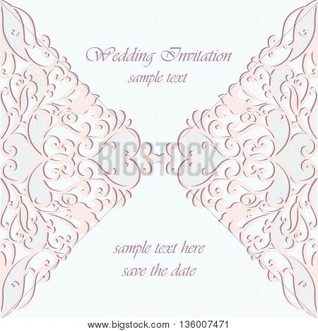 Vector invitation card ornamental lace with damask elements. Elegant lacy feather decoration greeting card wedding invitation or announcement template. Serenity and pink. Vector