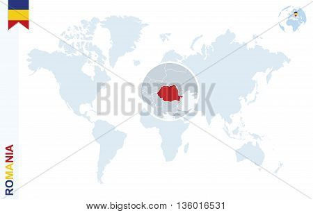 Blue World Map With Magnifying On Romania.