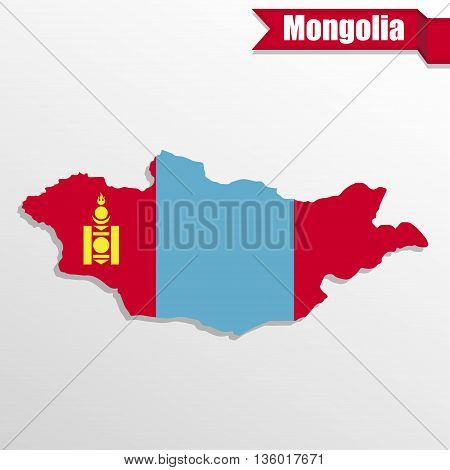 Mongolia map with flag inside and ribbon