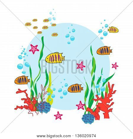 Sea life cartoon with fish and ocean inhabitants. Print for children. Background for kids