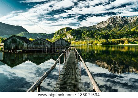 lake cabin boathouse fishing kochelsee bavaria mountains