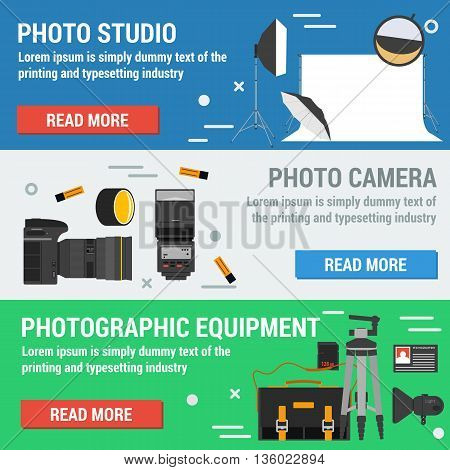 Vector horizontal banners photographic equpment. Photo camera, photographic accessories, lighting for studio. Flat style with buttons read more