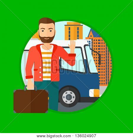 A hipster man with the beard standing at the entrance door of a bus on a city background. Young man waving in front of a bus. Vector flat design illustration in the circle isolated on background.
