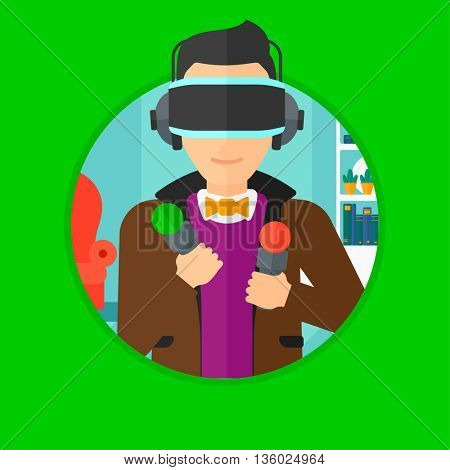 Young man wearing a virtual relaity headset and holding motion controllers in hands. Man playing video games in apartment. Vector flat design illustration in the circle isolated on background.