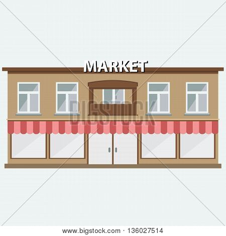 Building of market with wide windows. Grocery Shop icon. Facade of market building. Flat vector illustration.
