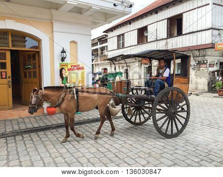 Vigan Philippines - July 25 2015 : A Kalesa (or Horse Carriage) in Historic Town of Vigan. Vigan is a UNESCO World Heritage Site in that it is one of the few Spanish colonial town