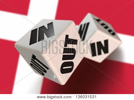 In or Out vote on dice for concept of Denmark leaving the European Union with Danish flag in the background. Concept for citizens voting for independence and exiting the EU. Dexit.
