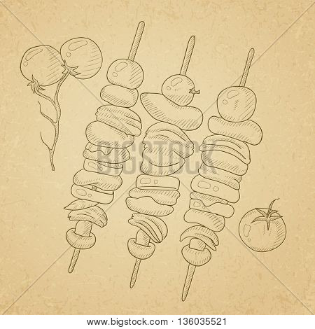 Shish kebabs on skewers. Shish kebabs hand drawn on old paper vintage background. Shish kebabs vector sketch illustration.