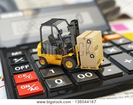 Forklift with cardboxes on calculator. Calculation of shipping delivery costs concept. 3d illustration