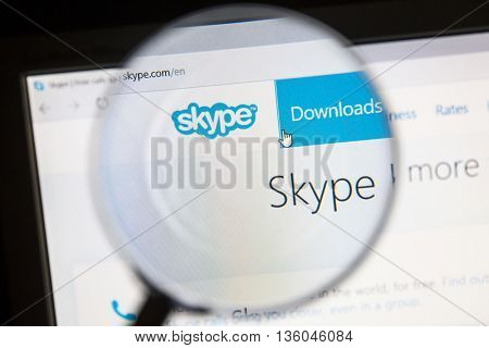 Ostersund, Sweden - June 27, 2016: Skype website under a magnifying glass. Skype is an application that provides video chat and voice call services.