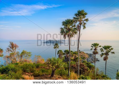 Phromthep cape viewpoint with blue sky in PhuketThailand