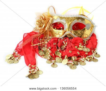fabric with sewn coins for belly dance with passion skirt and Golden Mask for carnival