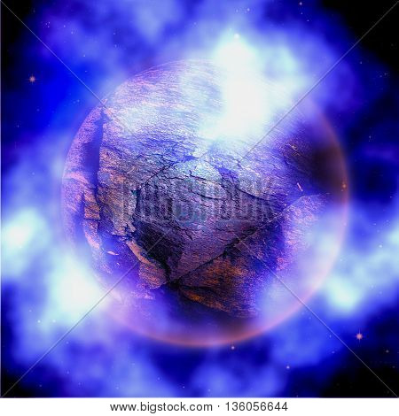 Abstract stone planet with blue and white clouds. Unknown celestial body with nebula on a black background