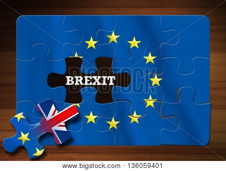 Brexit - Puzzle flag of the European Union on wooden background. Illustration