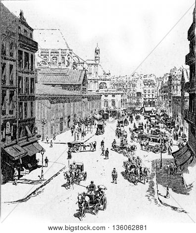 Road leading to the Church of Saint Eustace in Paris, France. Vintage engraving.