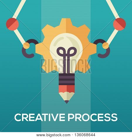 Creative Process single isolated modern vector flat design icon with an idea bulb and mechanic arms