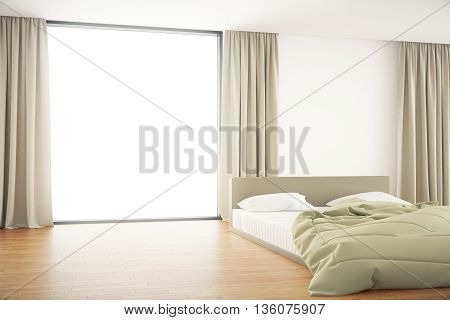Bedroom interior with unmade bed and blank window with curtains. Mock up 3D Rendering