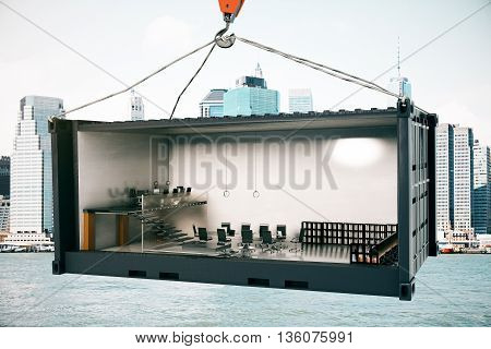 Abstract conference room interior inside cargo container suspended on crane hook on city background. 3D Rendering