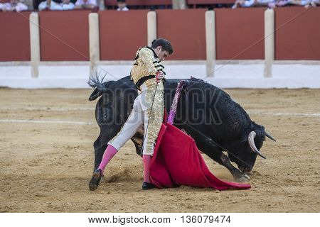 Ubeda Spain - October 1 2011: The Spanish Bullfighter Daniel Luque bullfighting with the crutch in the Bullring of Ubeda Spain