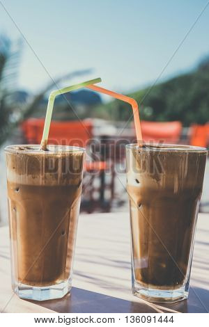Coffee Frappe, Greek Cuisine On The Table At The Beach, Vintage Look