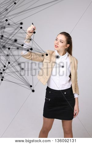 Worldwide network or wireless internet connection futuristic concept. Woman working with linked dots.