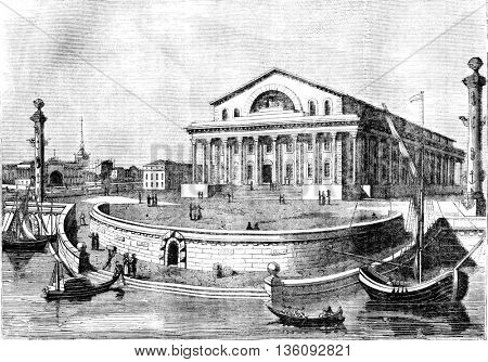 St. Petersburg Stock Exchange, vintage engraved illustration. Magasin Pittoresque 1836.