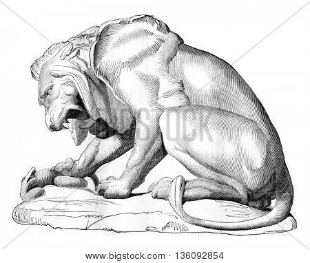 1836 Sculpture Show, A Lion and a Bronze Snake group, vintage engraved illustration. Magasin Pittoresque 1836.