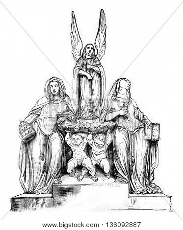 1836 Sculpture Show, A Holy water font, indicated to the church of the Madeleine, vintage engraved illustration. Magasin Pittoresque 1836.