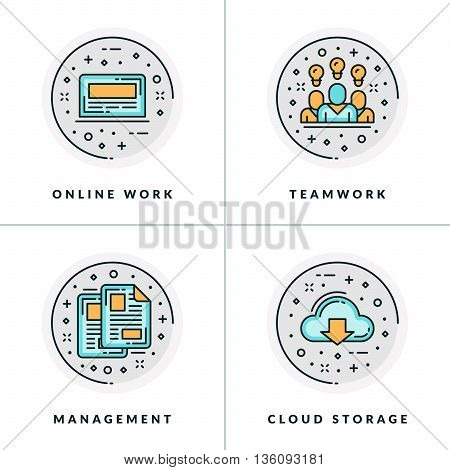 A set of four icons on business issues and processes such as online work teamwork management cloud storage. Colored in gray orange and blue flat vector illustrations.