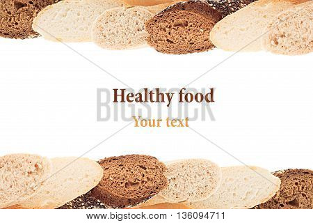 Cut baguette bread of different varieties on a white background. Isolated. Decorative frame of bread. Macro. Texture. Food background.