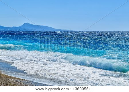 coastline of the island of Rhodes from the Aegean Sea and the city of Rhodes