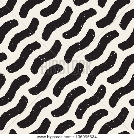 Vector Seamless Black And White Hand Drawn Diagonal Wavy Lines Grunge Pattern. Abstract Freehand Background Design