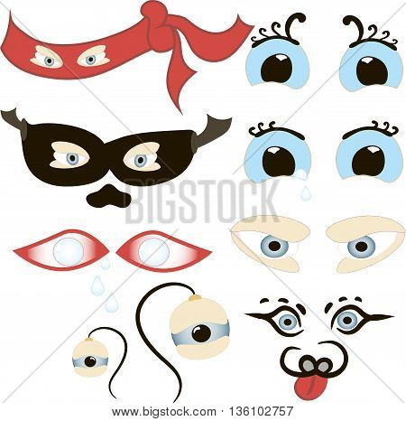Comic Eyes Set, Illustration of a set of funny cartoon human, animals, pets or creature's eyes with various expressions and emotions, from fear to joy, happiness, sadness, surprise, boring and angry